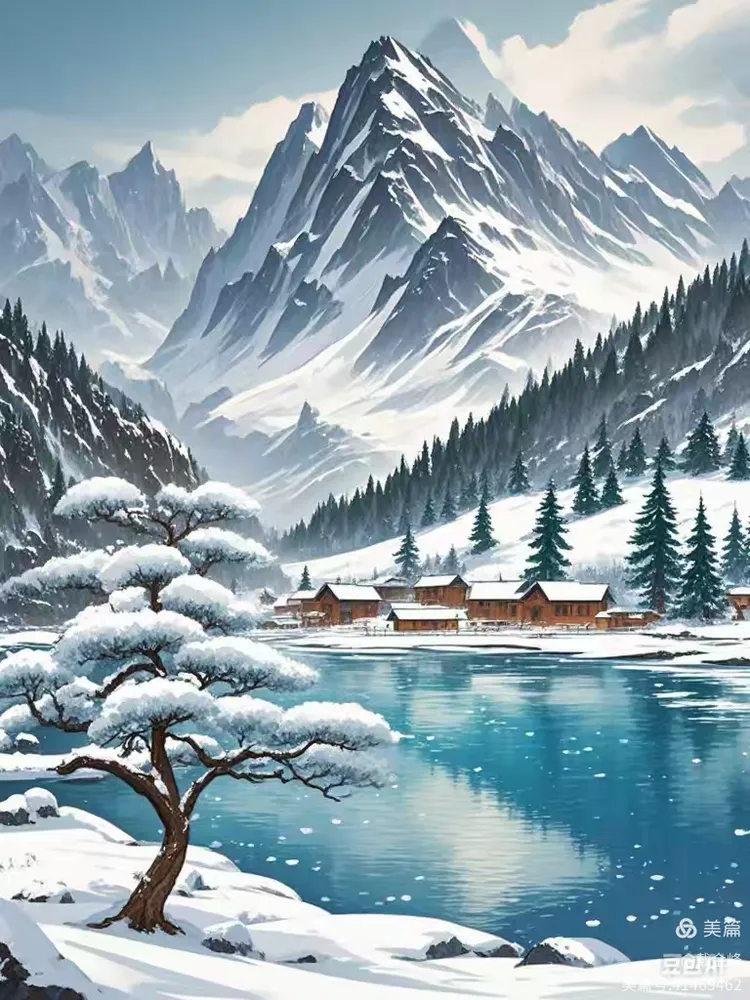 (水粉画)雪霁江山图